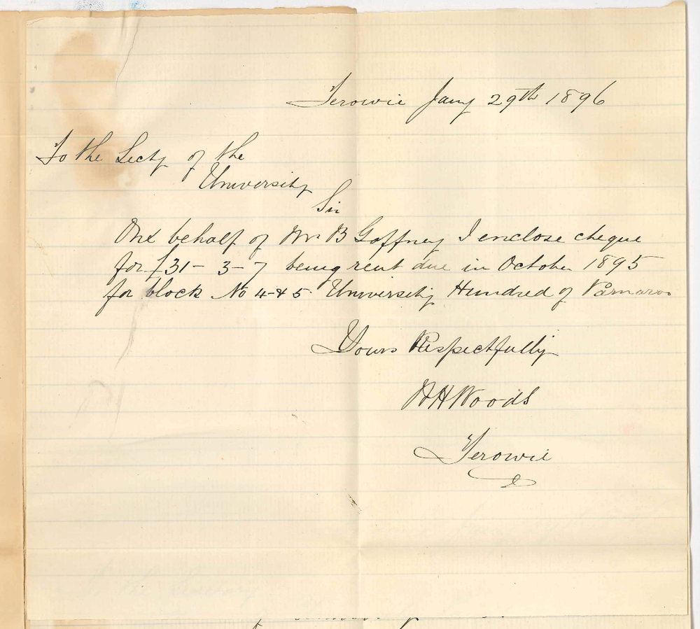 W H Woods - Terowie - Bernard Gaffney - Payment rent due October 1895 - James Gaffney - transfer of lease