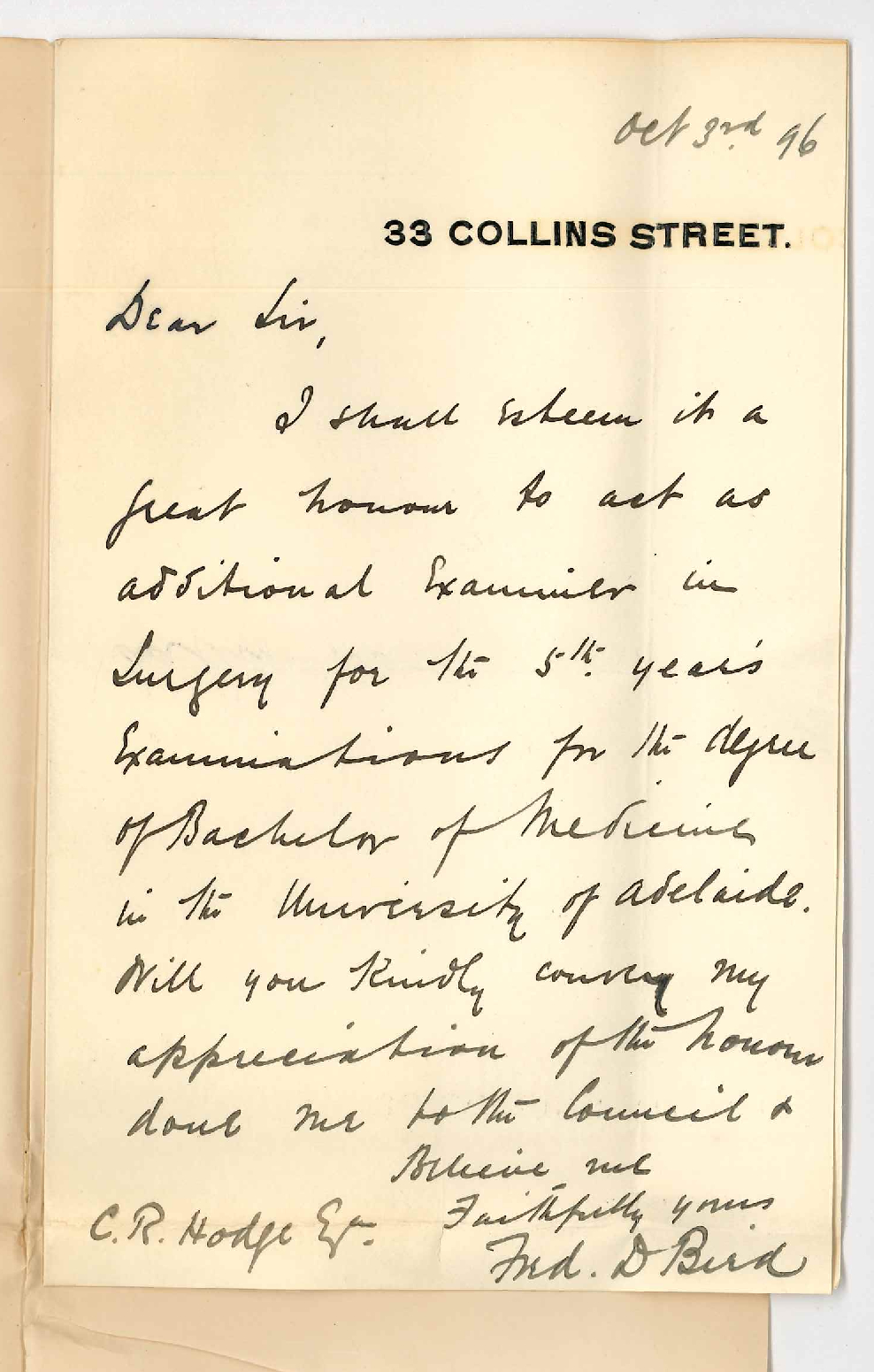 Dr Frederick W Bird - Melbourne - Consenting to act as Examiner