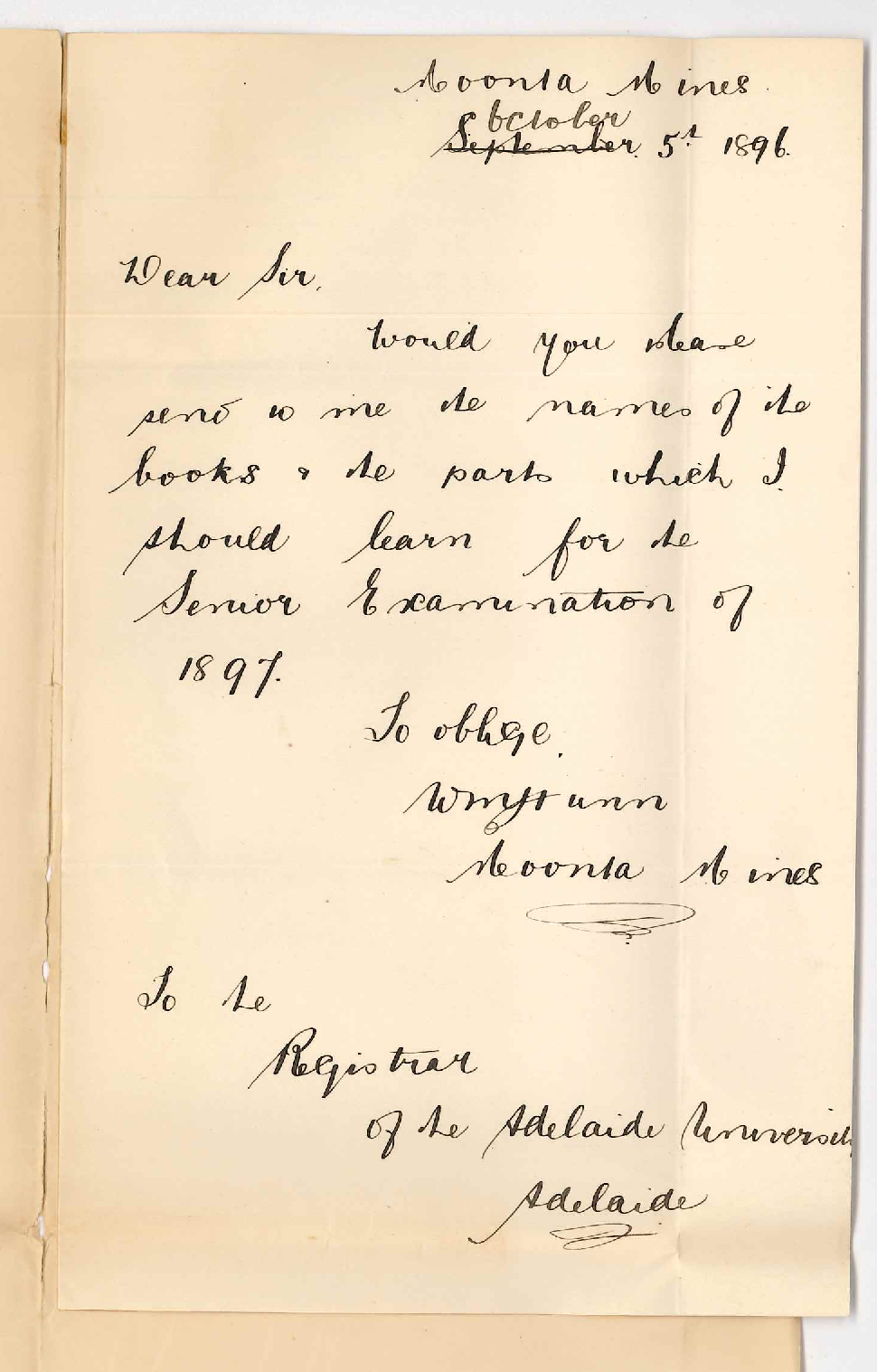 W M Hunn - Moonta Mines - Regarding sending books and parts for Senior Exam