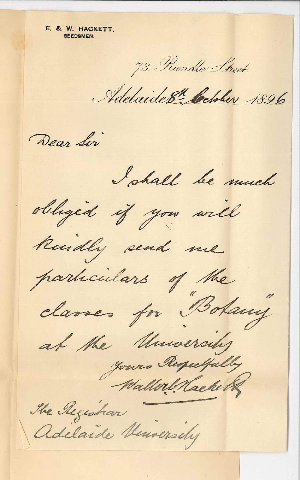 Walter C Hackett - Adelaide - Requesting particulars of Botany class