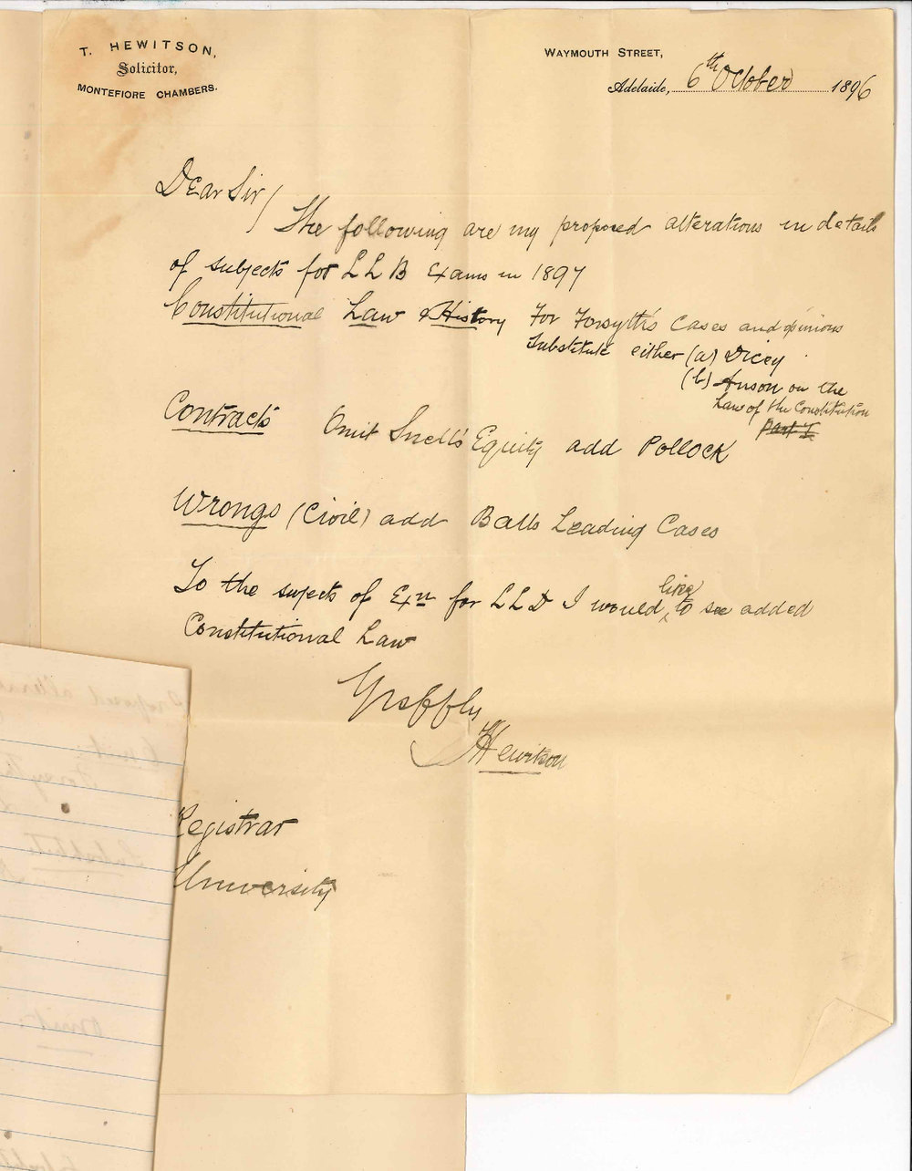 T Hewitson - Waymouth Street Adelaide - Proposed alterations in details of subjects for LLB Examinations in 1897