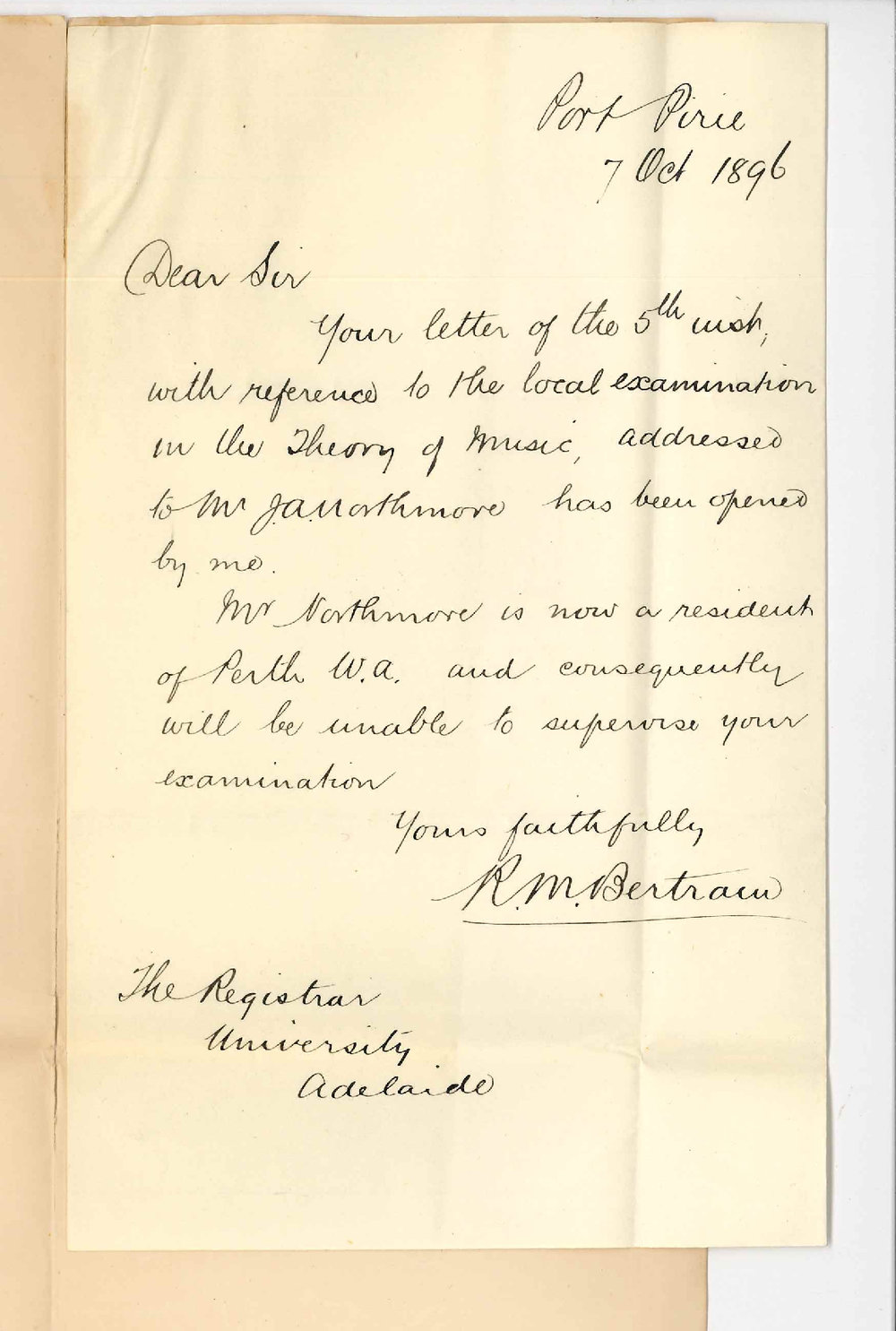 R M Bertram - Port Pirie - Mr Northmore is now in Perth and cannot act as supervisor