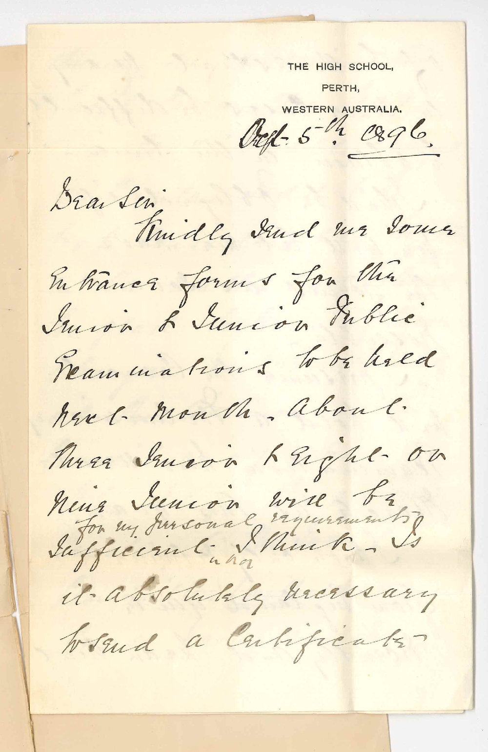 F C Faulkner - High School Perth - Particulars and forms for Junior and Senior Exams