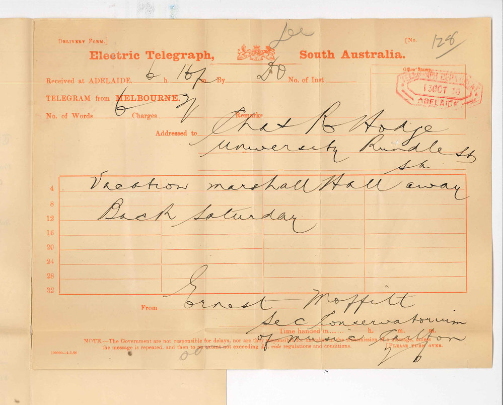 Ernest Moffit - Conservatorium of Music Carlton - Professor Marshall Halls absence