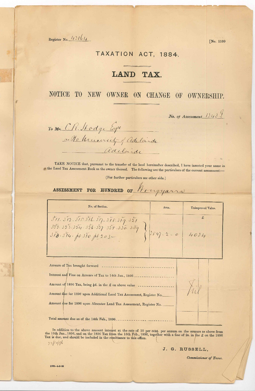 J G Russell - Commissioner of Taxes - Tax for Hundred of Wongyana