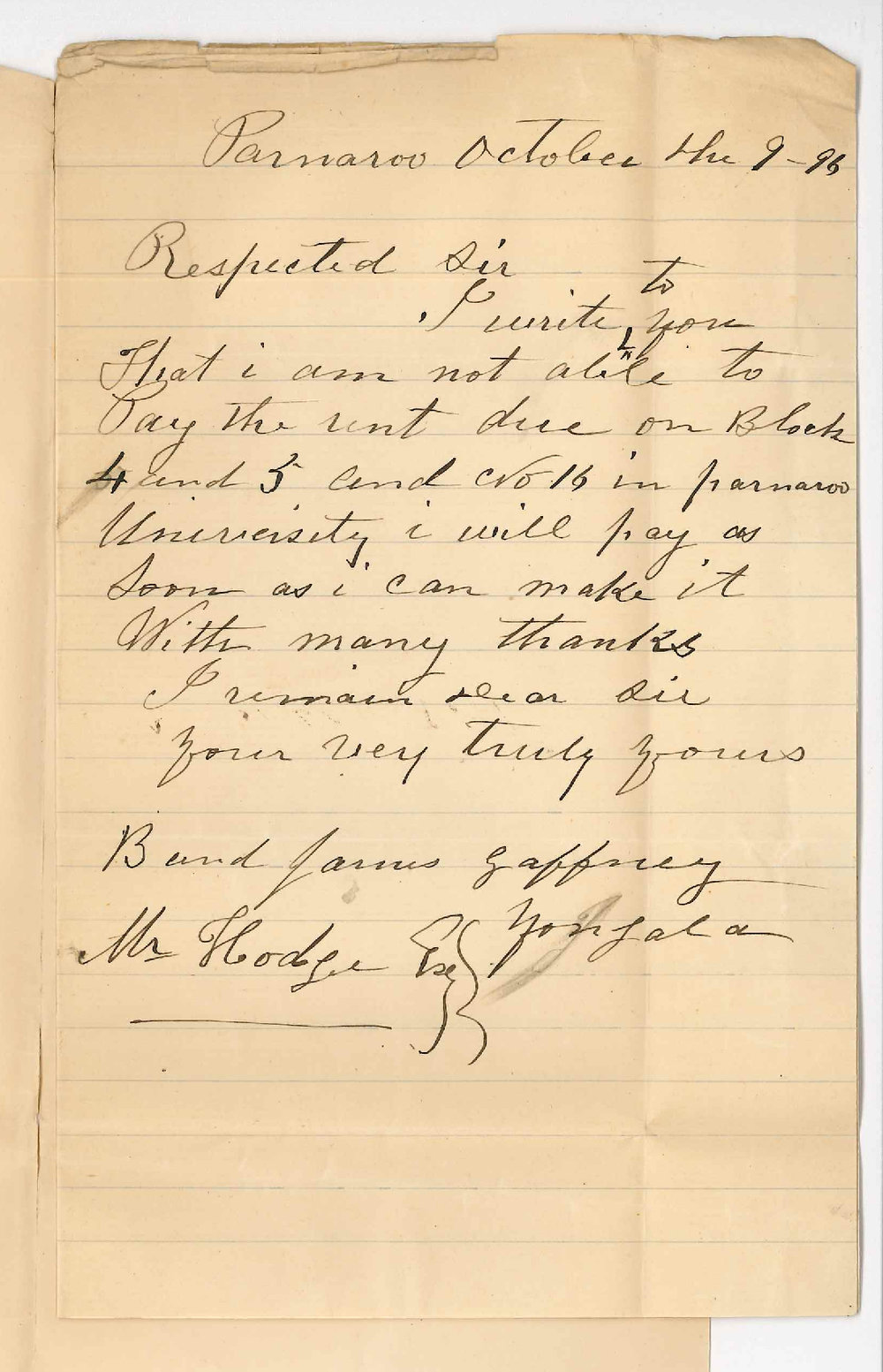 Bernard and James Gaffney - Parnaroo - Stating not able to pay the rent Block 4 and 5 and No 16 Parnaroo