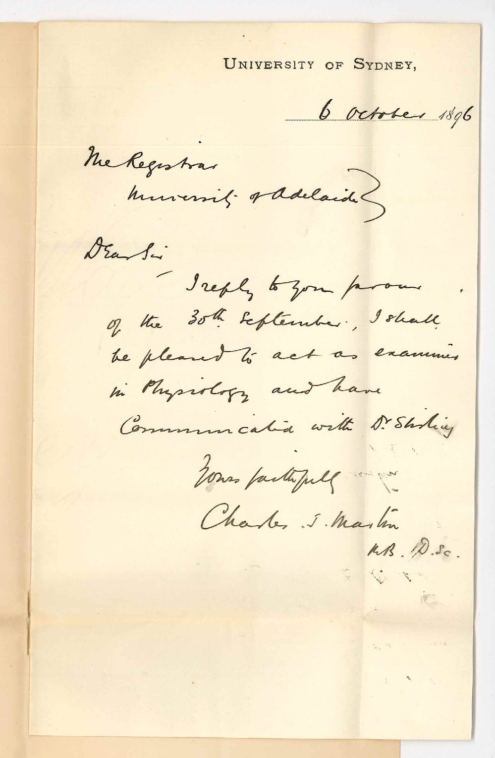 Charles J Martin - University of Sydney - Consenting to act as additional Examiner in Physiology