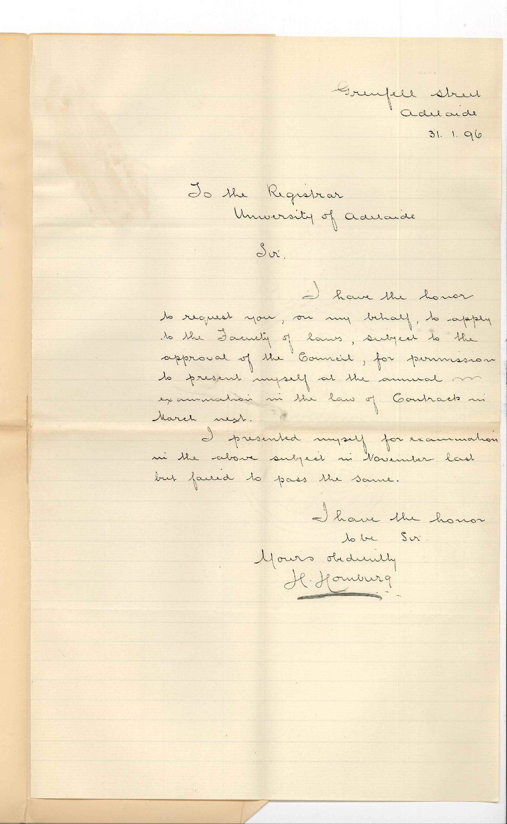 H Homburg - Grenfell Street Adelaide - Permission to sit for exam in Contracts
