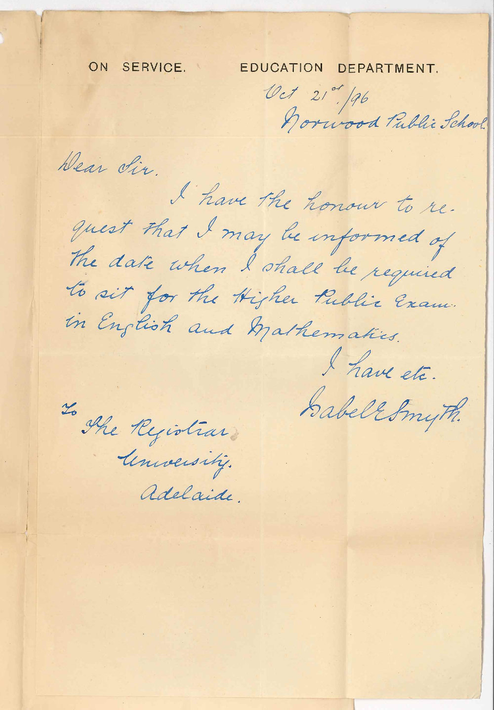 Isabel E Smyth - Norwood School - Date for Higher Public Examination