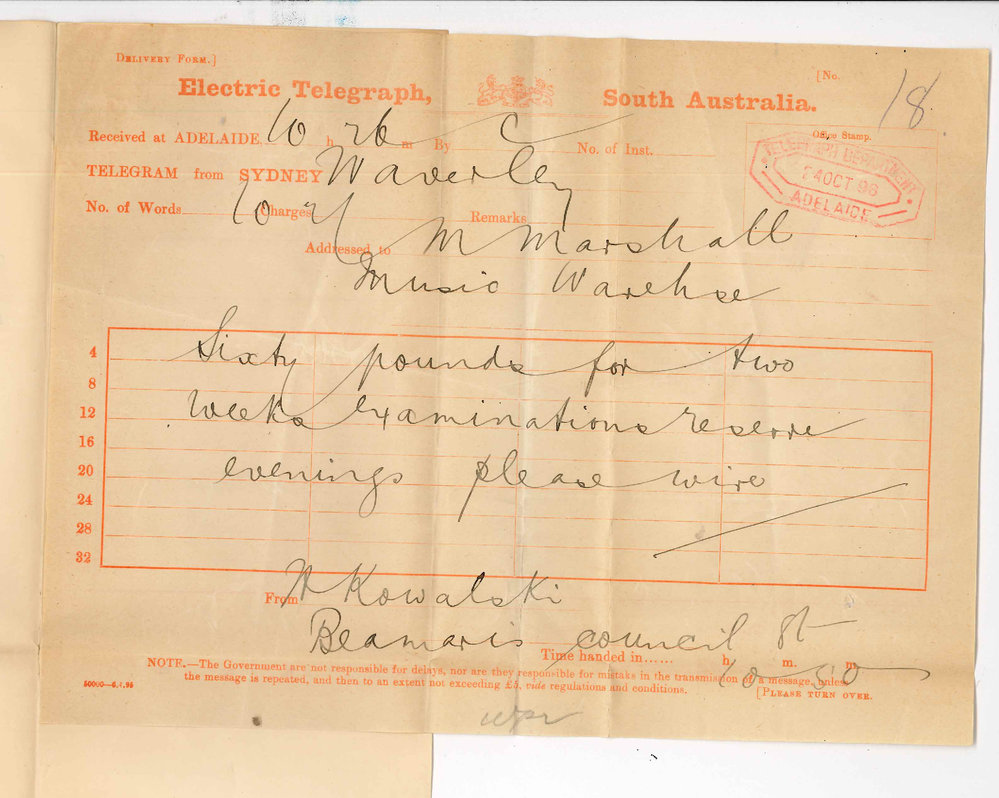 H Kowalski - Sydney - Fee for Music Examinations