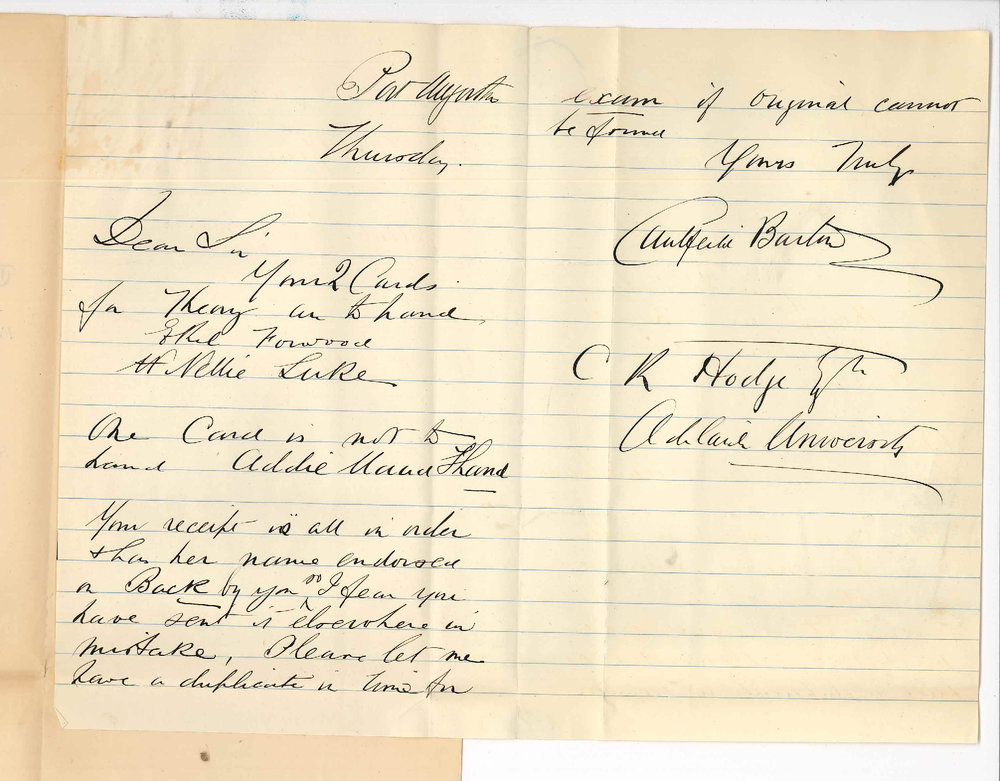 Caulfield Barton - Port Augusta - Card for Miss Shand