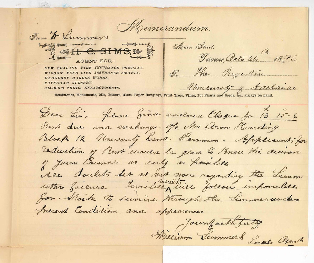 William Summers - Terowie - Sending rent University Land Block 12 Parnaroo