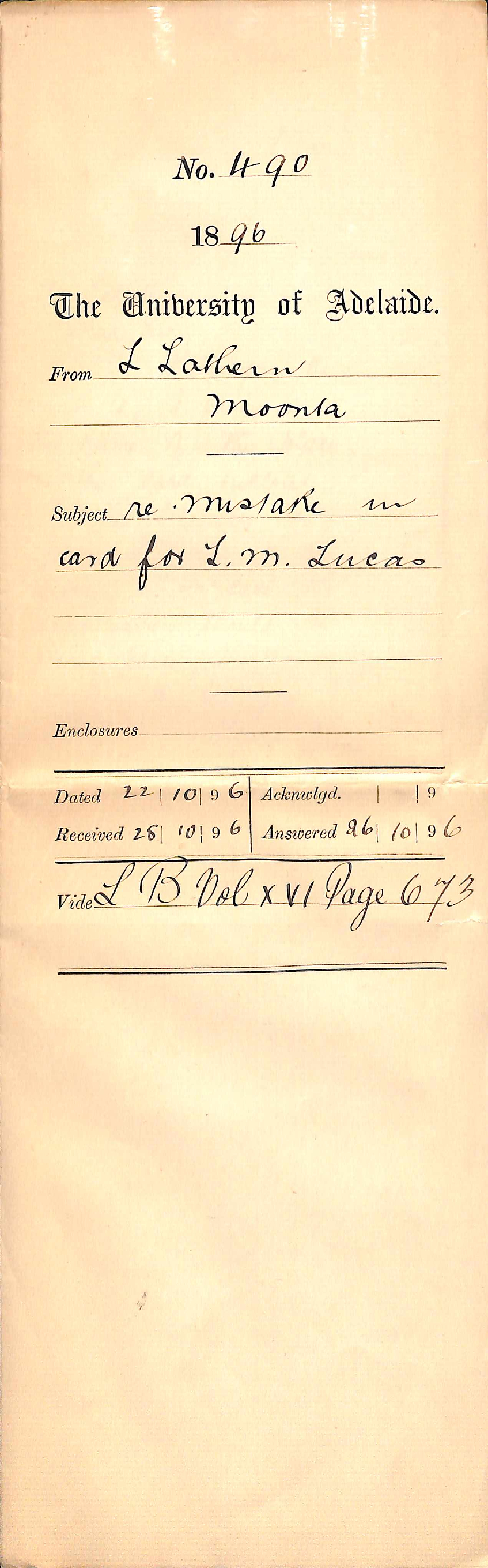 L Lathern - Moonta - Mistake in card for Lillian Lucas