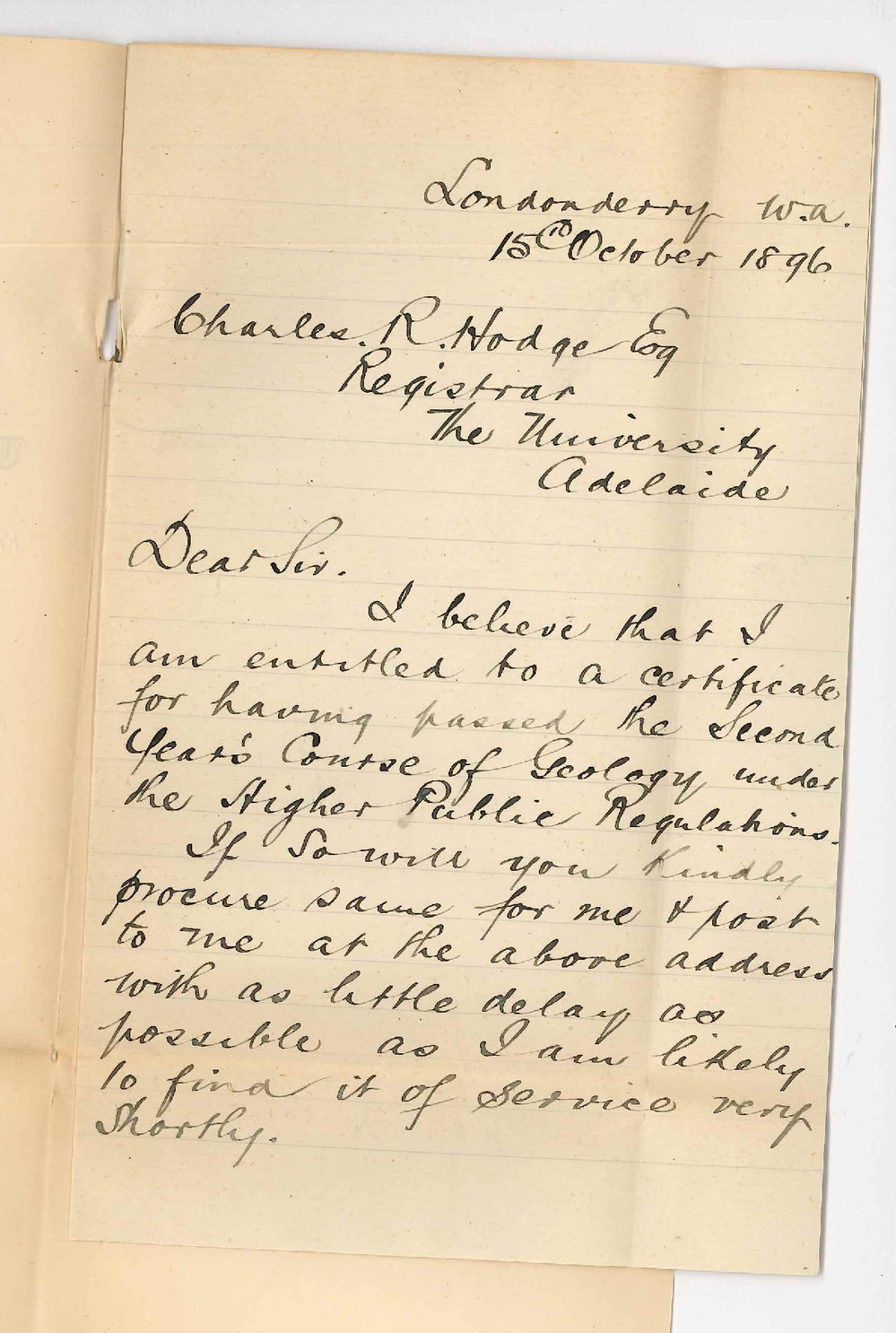 David H Lawrance - Londonderry Western Australia - Regarding Certificate for Second Year's Geology Course