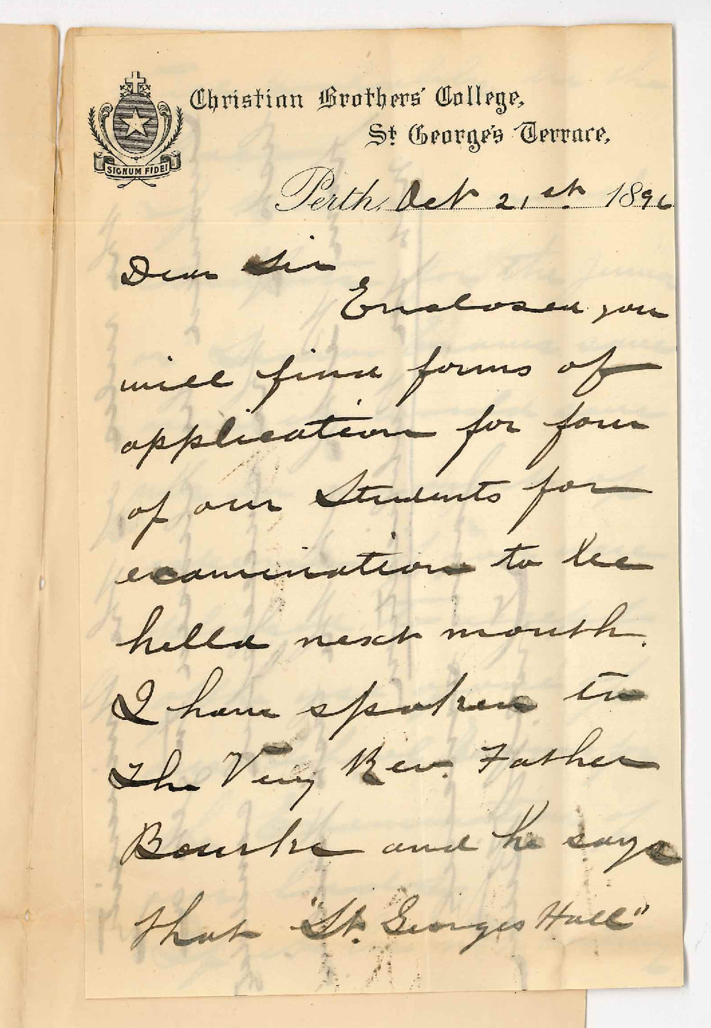 Reverend Thomas A O'Brien - Christian Brothers' College - Perth - Sending Forms for Examinations