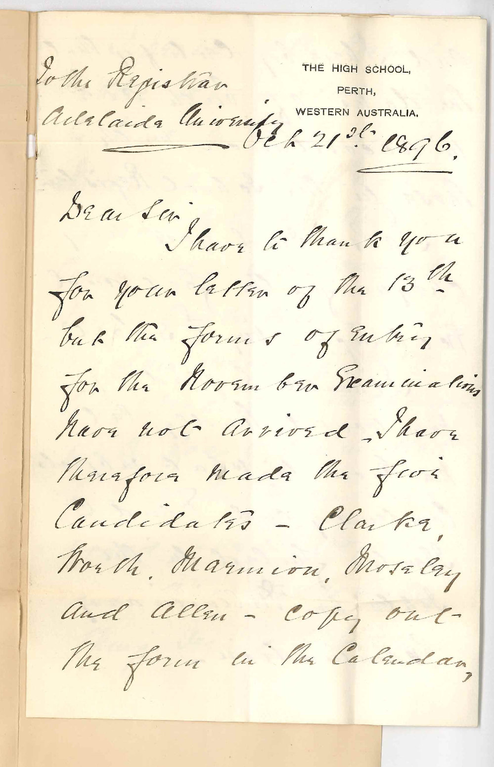 F C Faulkner - High School Perth - Sending forms of entry for Examinations