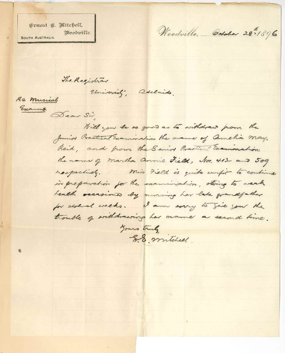 Ernest Edwin Mitchell - Woodville - Withdrawing 2 candidates from Music Exams