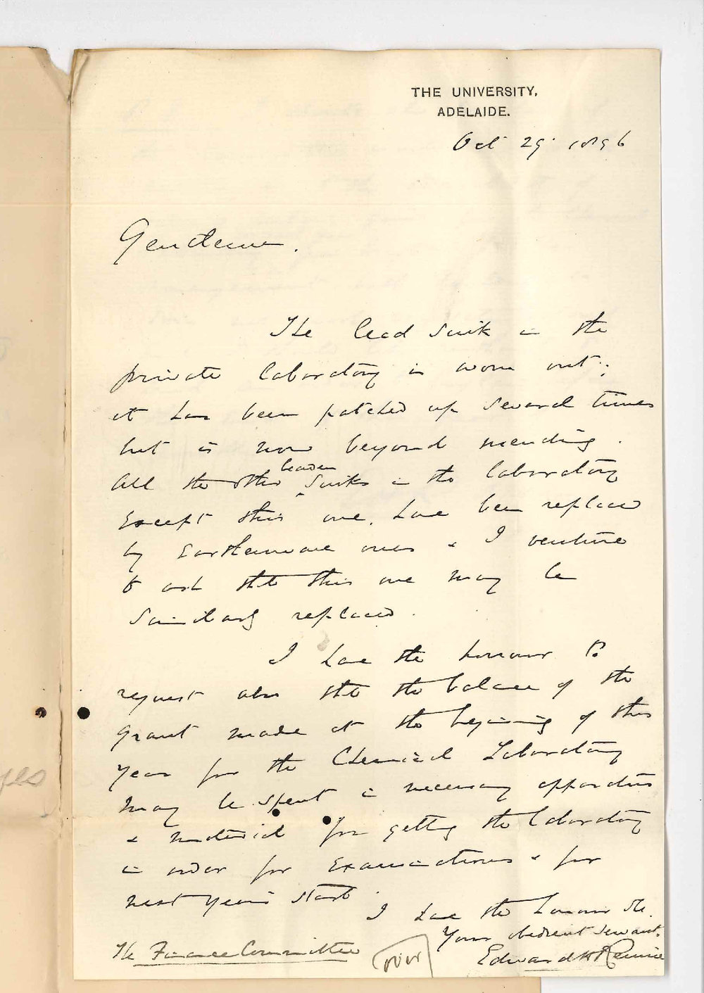 Professor Edward Henry Rennie - University - Re replacing sink in private Laboratory