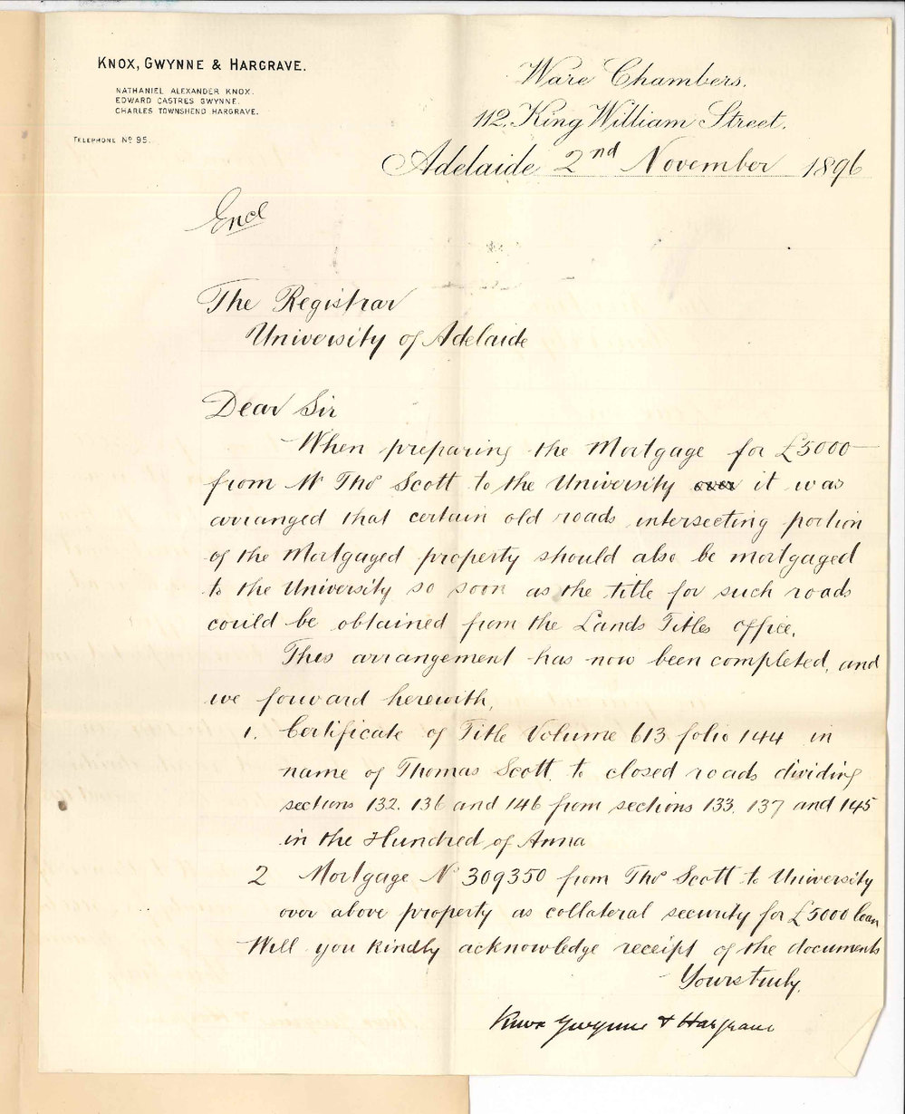 Knox Gwynne and Hargrave - Adelaide - Mortgage from Mr Thomas Scott to the University