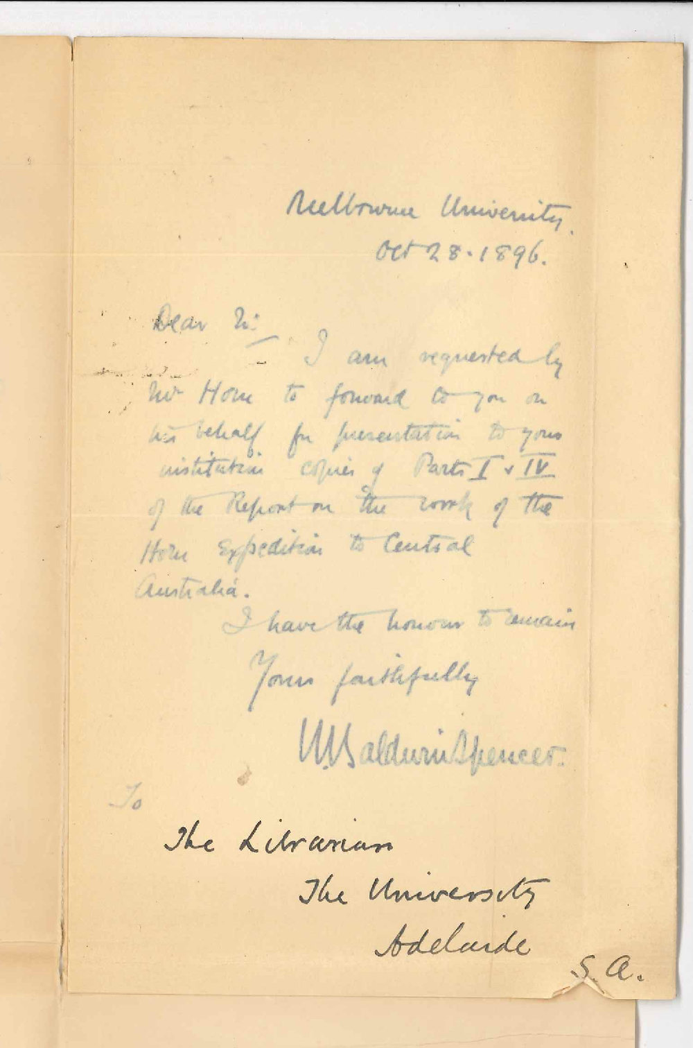 Professor W Baldwin Spencer - Forwarding reports of The Horn Expedition