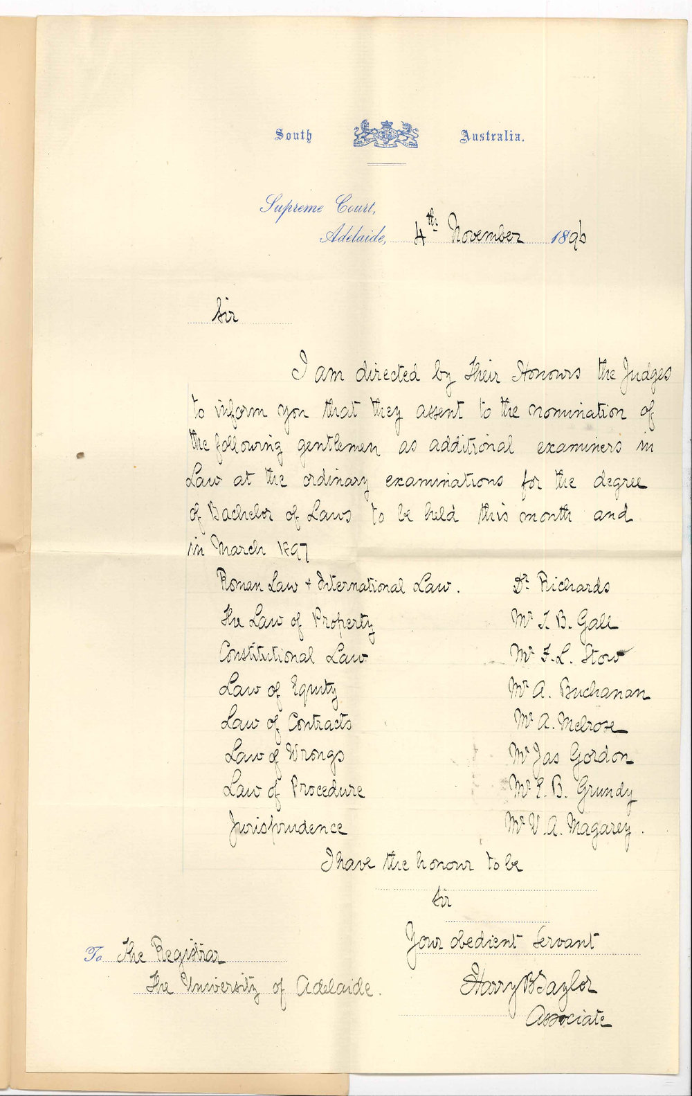 Harry B Taylor - Supreme Court - Approving of the additional Examiners appointed for LLB Exams