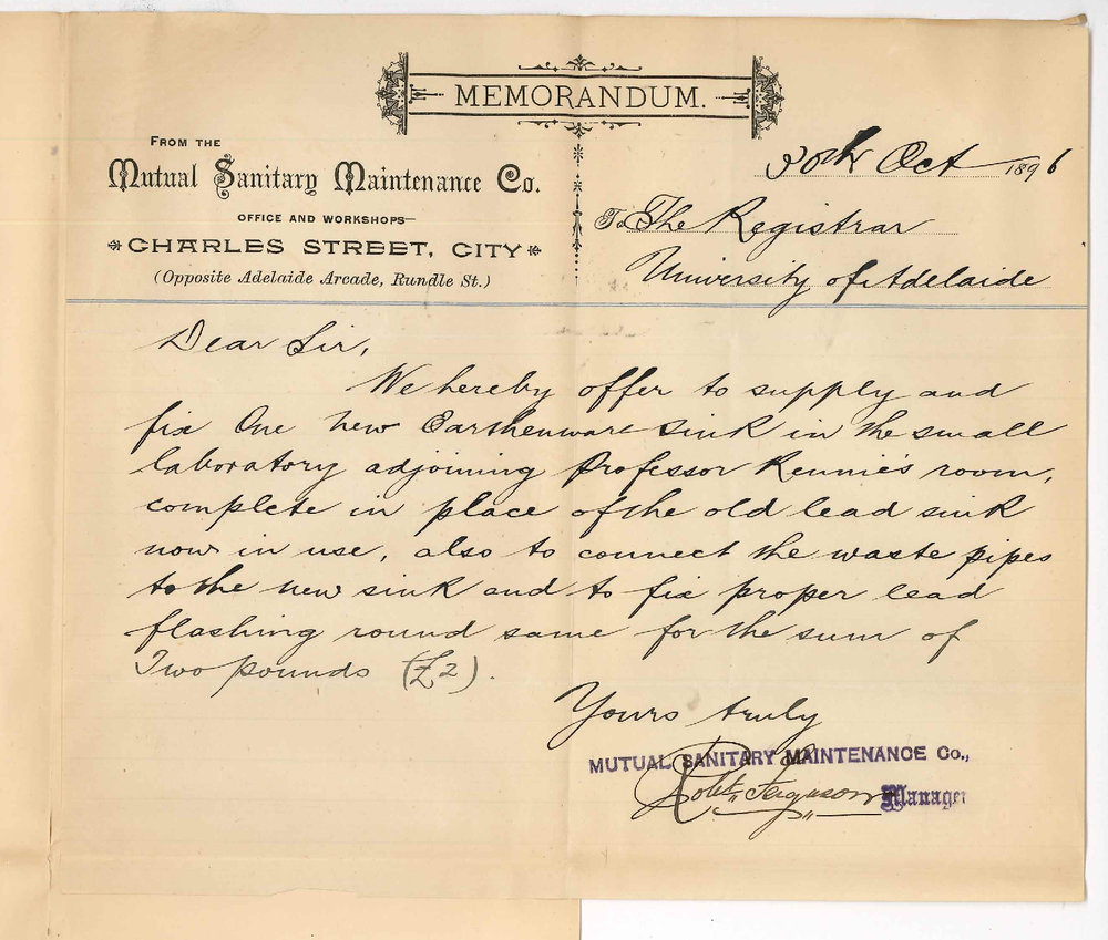 Robert Ferguson - The Sanitary Maintenance Company - Adelaide - Estimate for Earthenware Sink