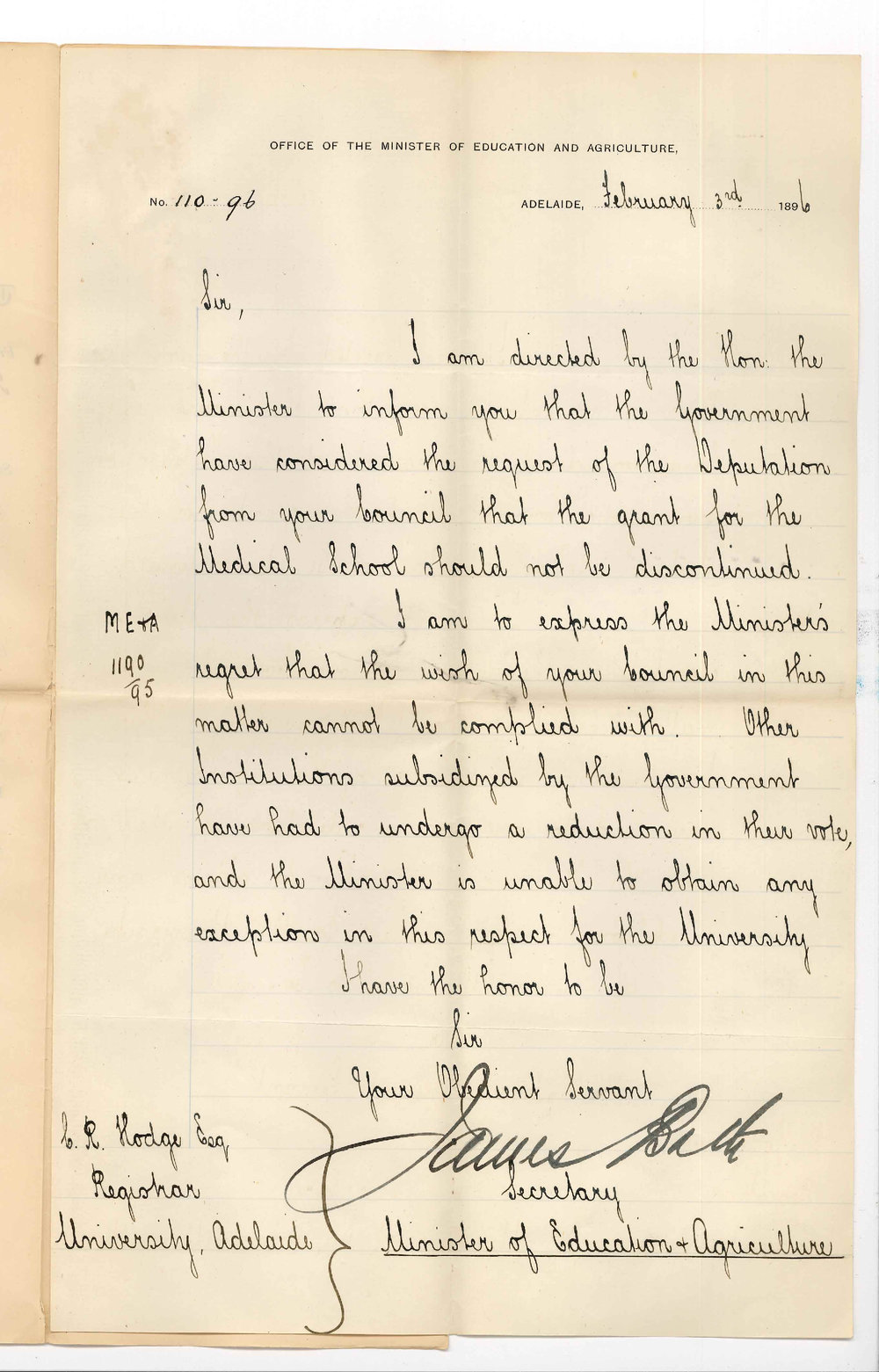 Minister of Education - General Post Office Adelaide - Grant to Medical School to be discontinued