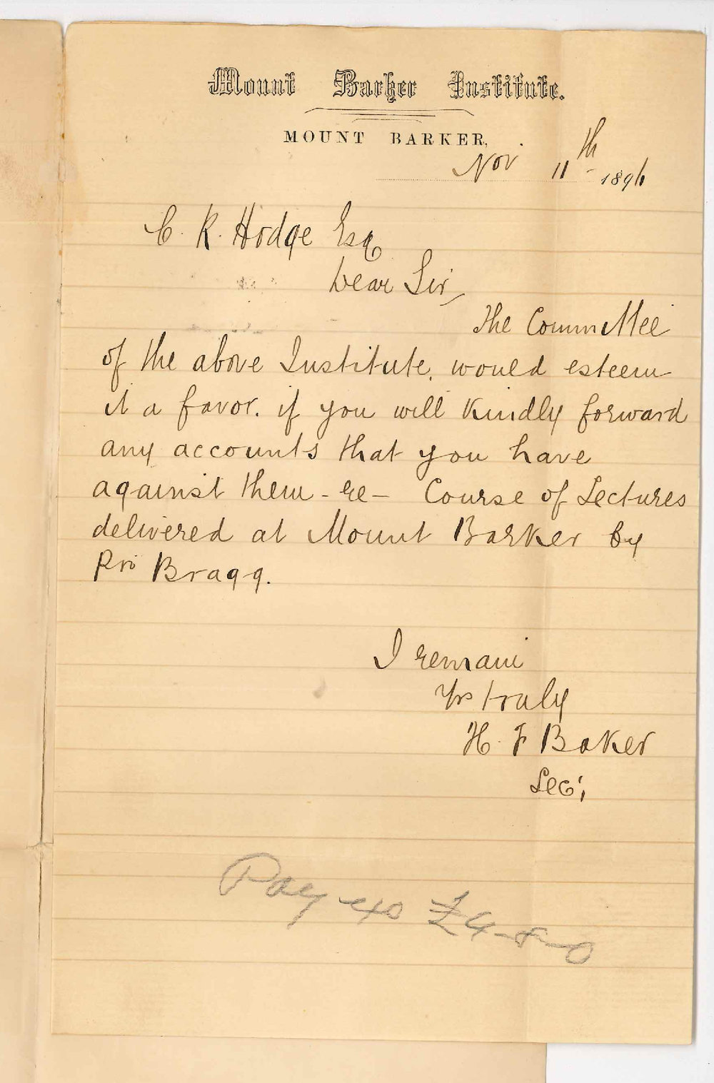 H F Baker - Mount Barker - Expenses for Professor Braggs Lectures