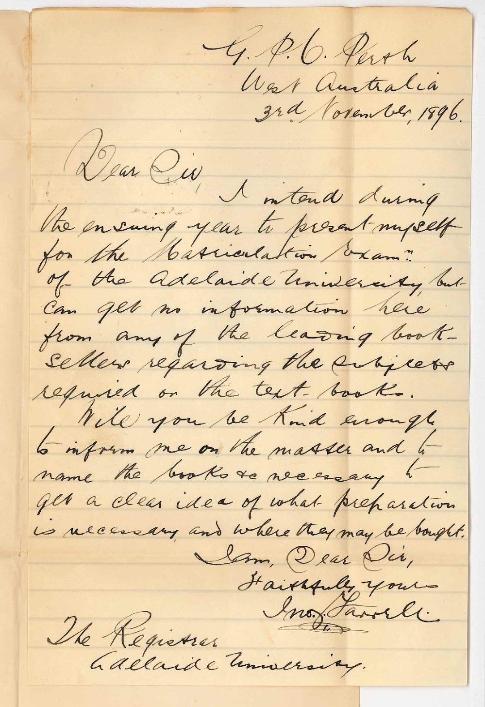 James Farrell - Perth - Particulars of Matriculation Exams