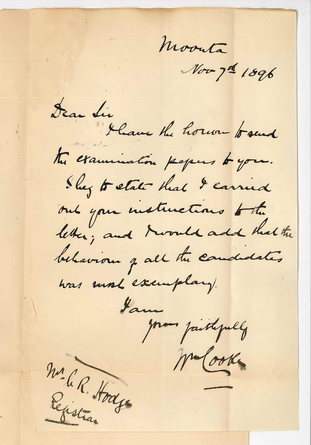 Reverend William Cooke - Moonta - Advising of sending Examination Papers