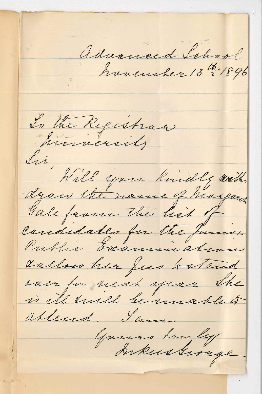 Madeline Rees George - Advanced School - To withdraw name of Margaret Gale