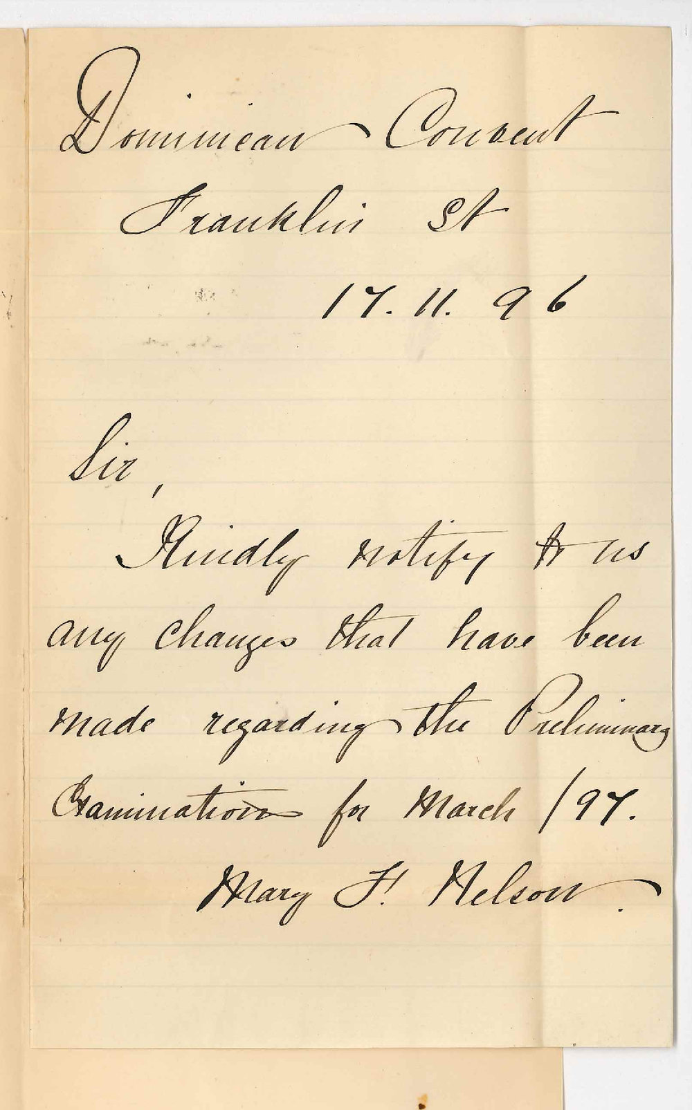 Mary H Nelson - Dominican Convent - Franklin Street - Changes for Preliminary Examinations