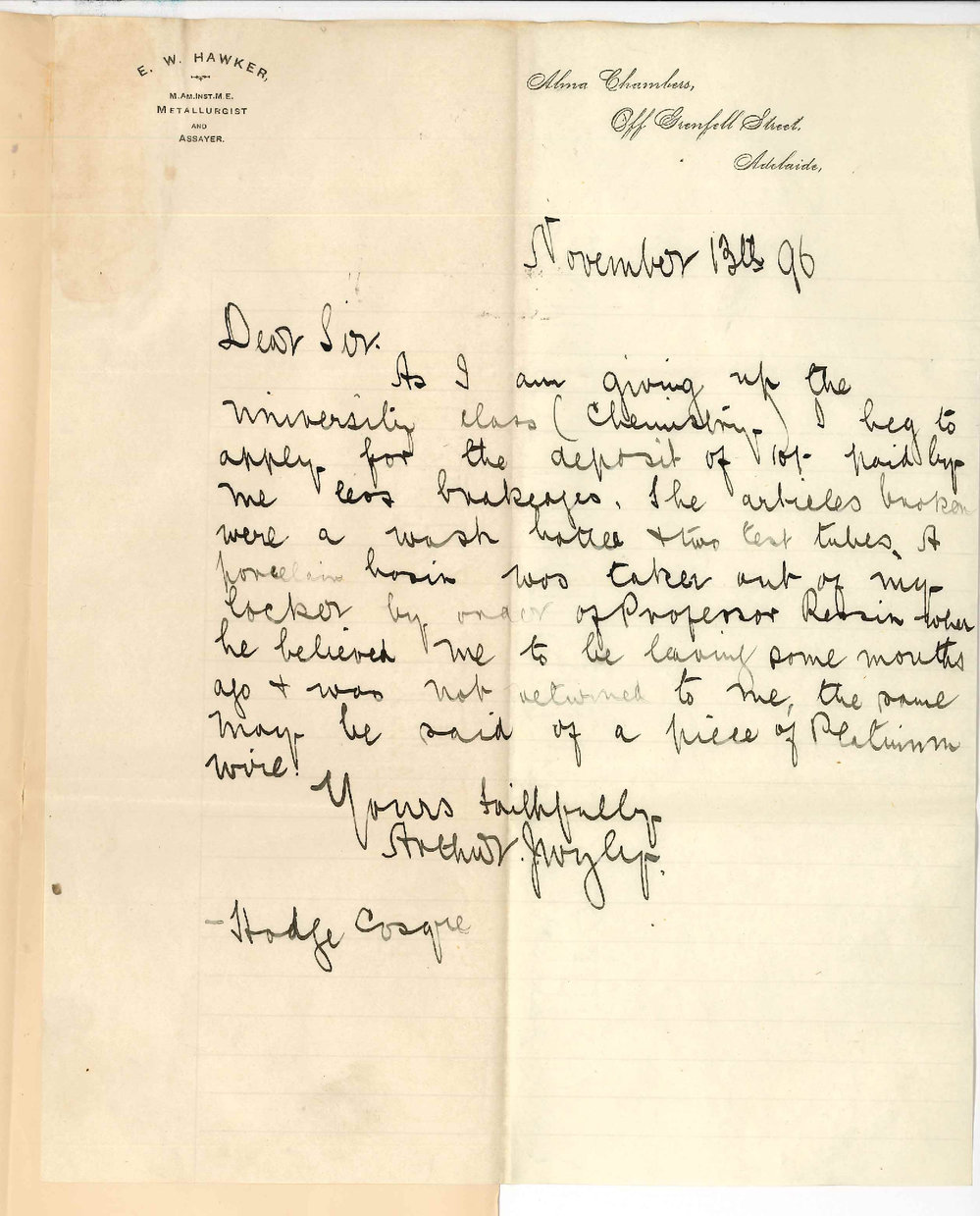 Arthur J Wyly - Adelaide - Applying for return of Chemistry deposit