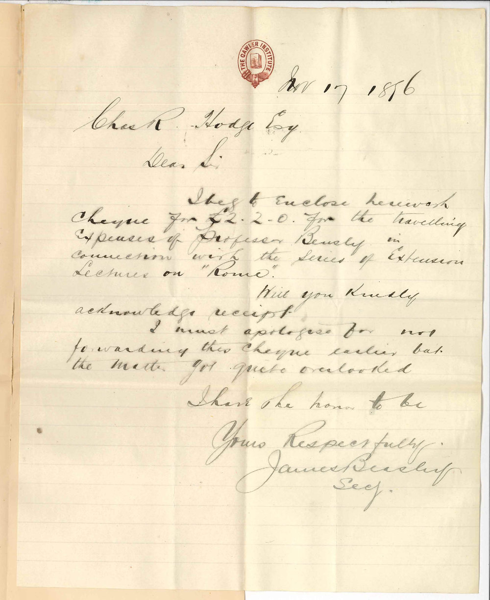 James Beasley - Gawler - Sending cheque for &pound;2-2-0 Professor Benslys expenses