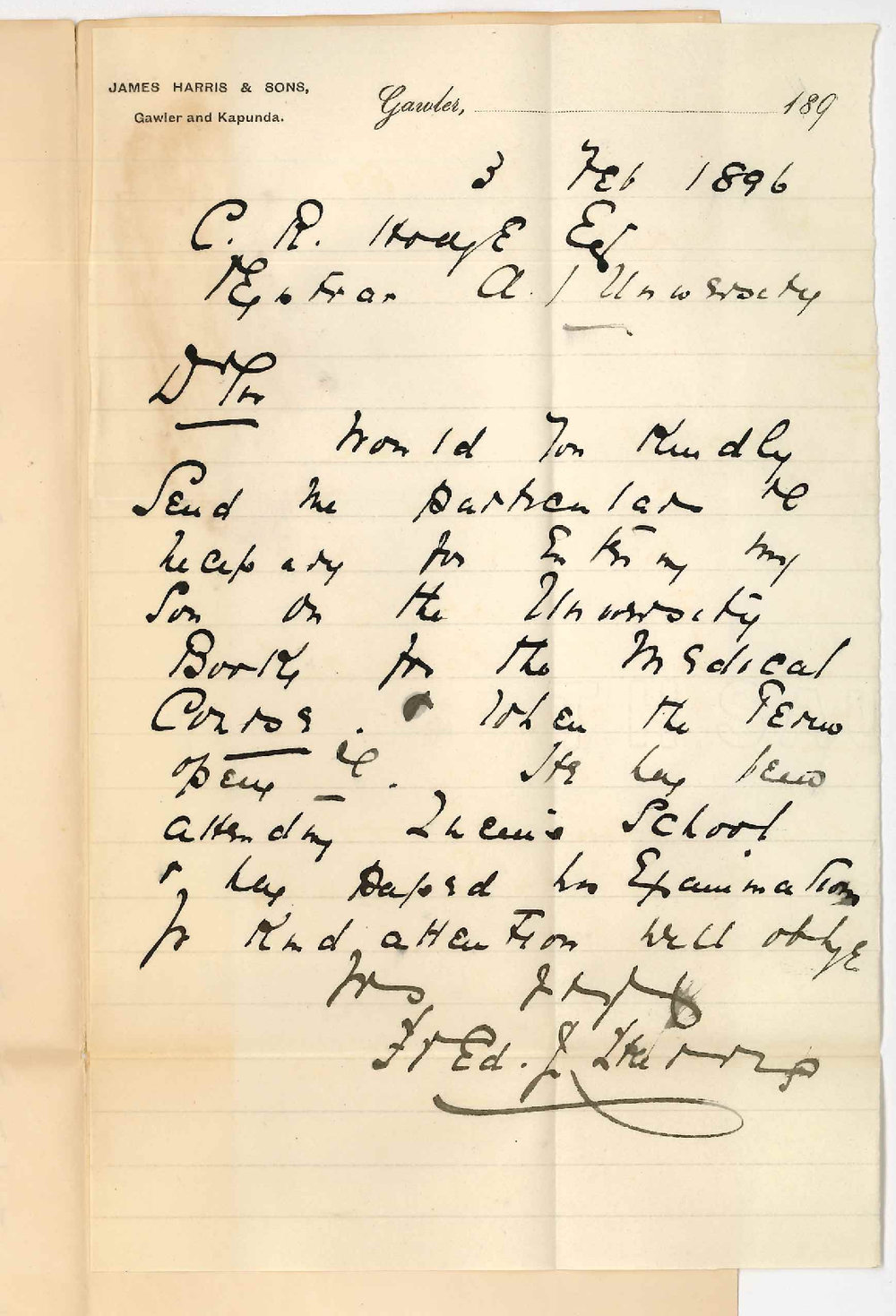 Fred J Harris - Gawler - Entering son for MB Course