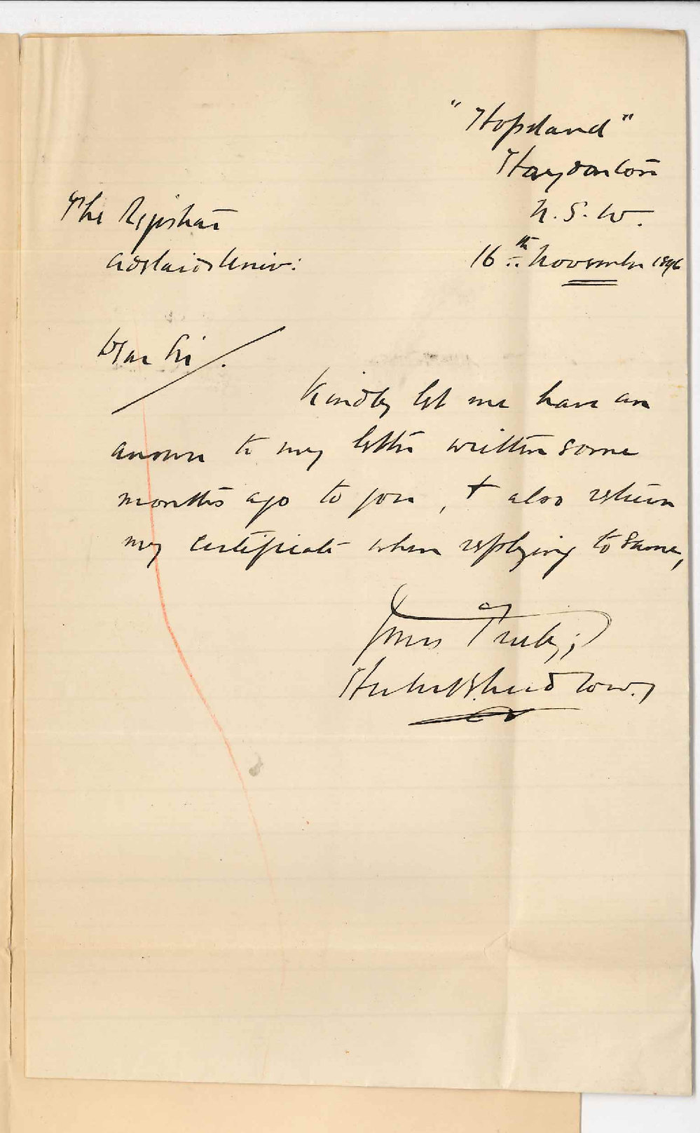 H E Ludlow - Haydonton NSW - Regarding answering letter