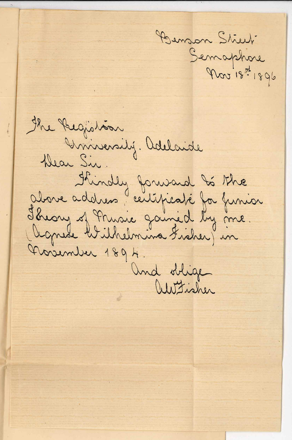Agnese Wilhelmina Fisher - Semaphore - Requests Certificate for Junior Theory of Music
