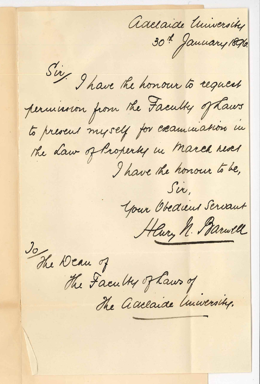 Henry Newell Barwell - The University - Permission to be examined in Property in March