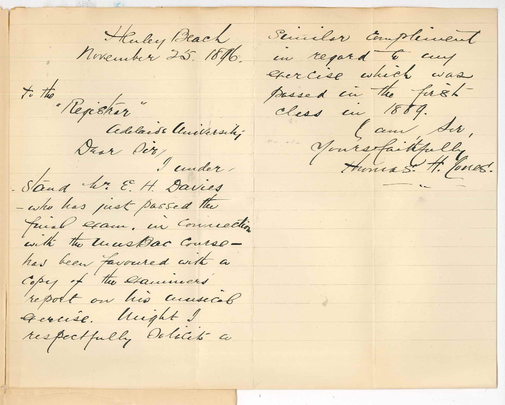 Thomas H Jones - Henley Beach - Asking for copy of Examiners Report on Music Exercise