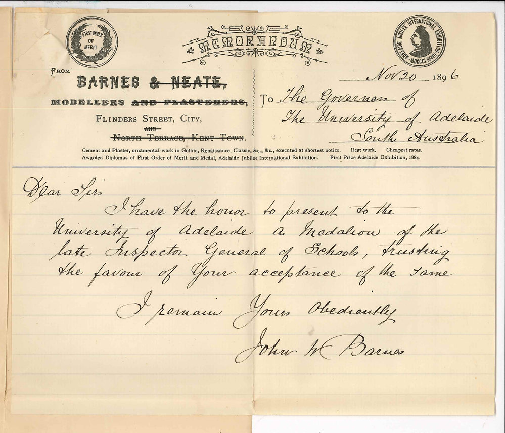 John W Barnes - Flinders Street Adelaide - Presenting medallion of the late Vice Chancellor