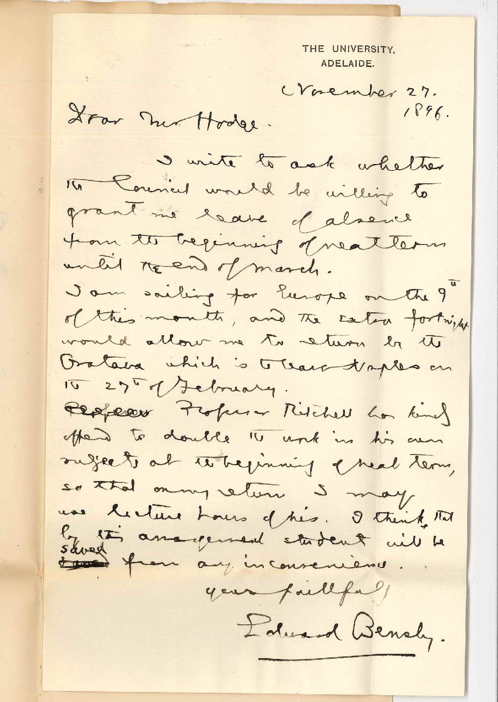 Professor Edward von Blomberg Bensley - The University - Fortnights leave of absence in March 1897