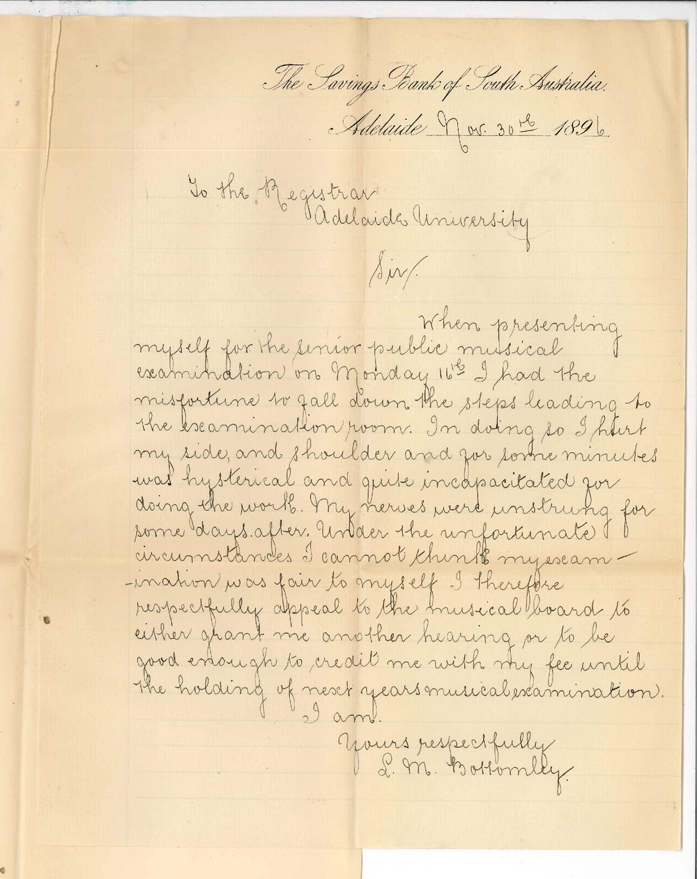 L M Bottomley - Savings Bank Adelaide - Concerning Music Examinations