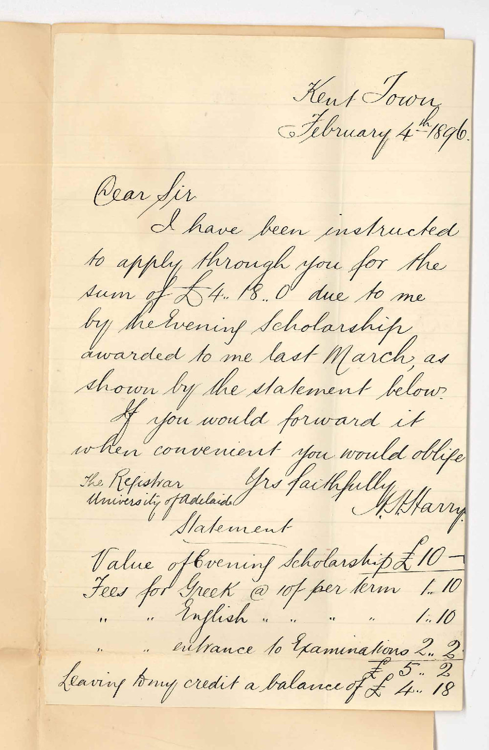 A H Harry - Kent Town - Applying for balance of Evening scholarship