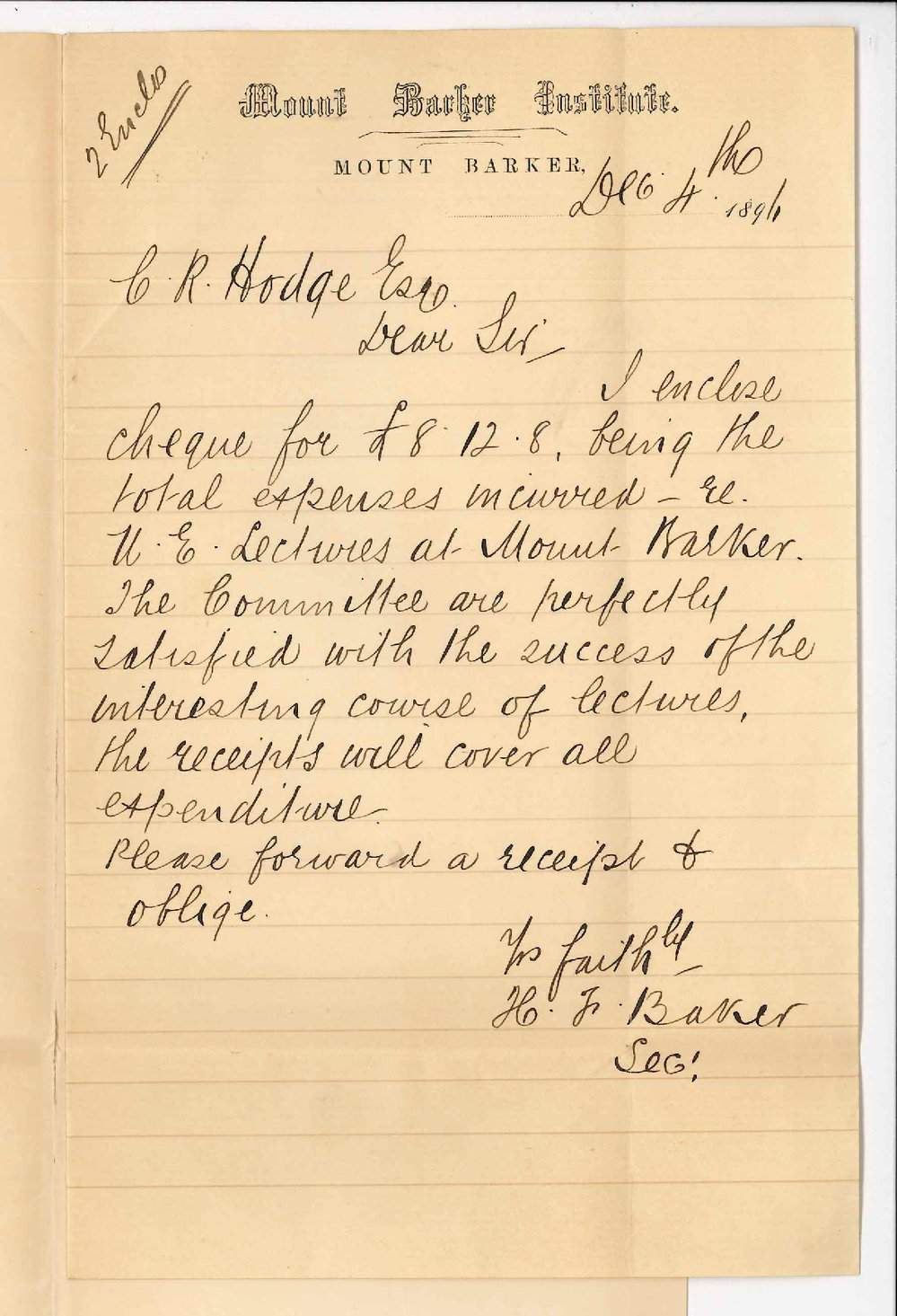 H F Baker - Mount Barker Institute - Forwarding cheque for expenses from extension lectures