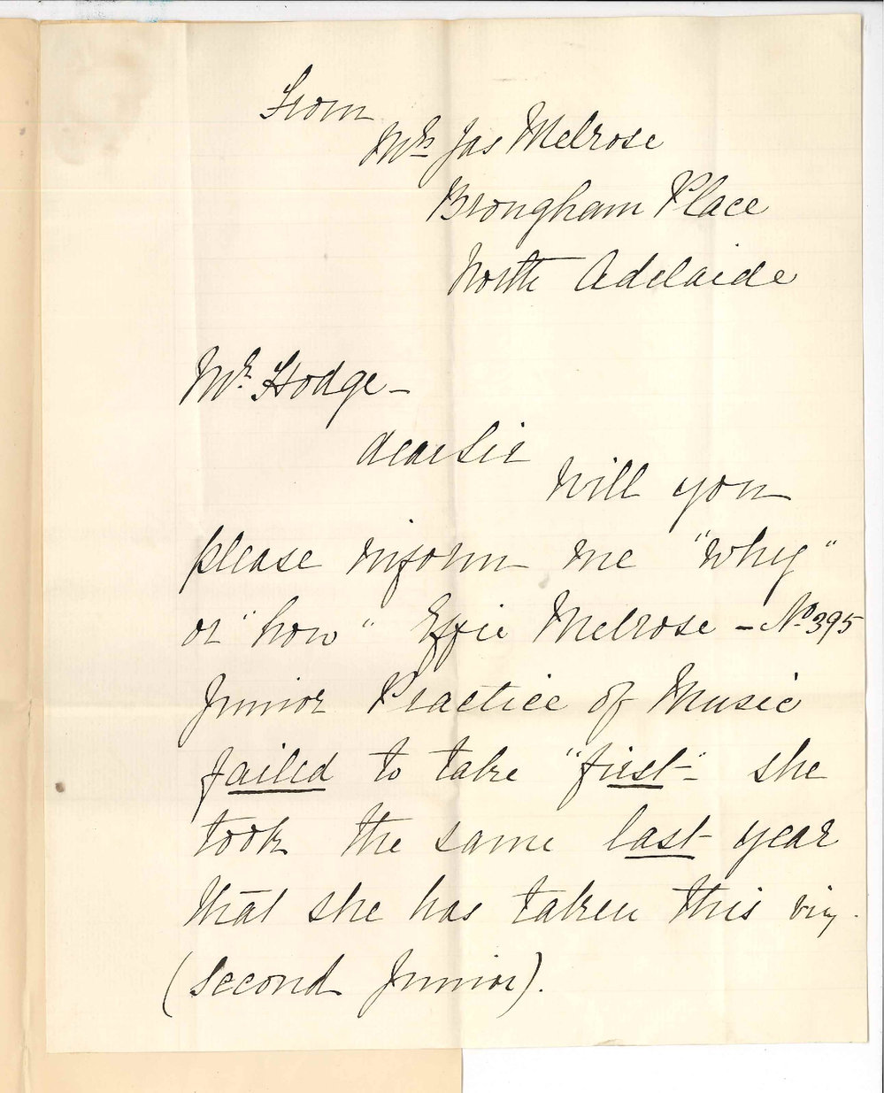 Mrs James Melrose - North Adelaide - Seeking explanation for music results of Effie Melrose