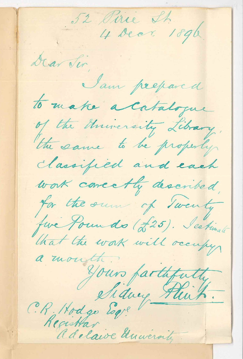 Sidney Plint - Pirie Street Adelaide - Offer and estimate to create library catalogue