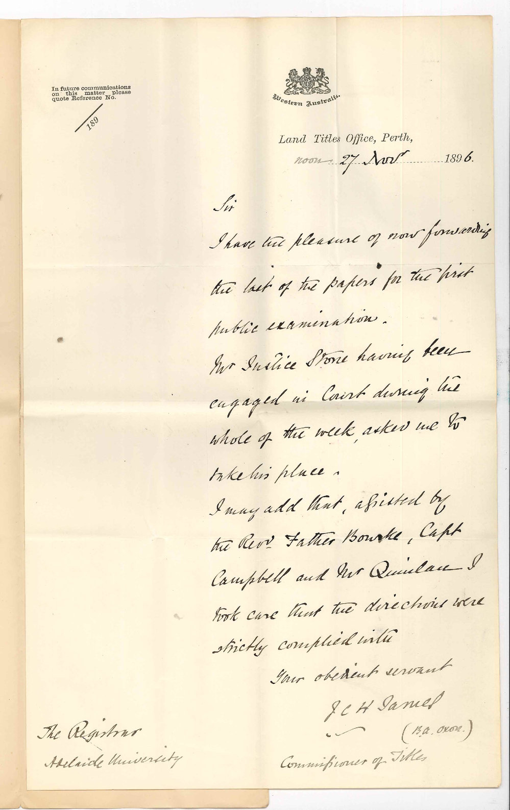 J C H James - Commissioner of Titles - Perth - Forwarding examination papers