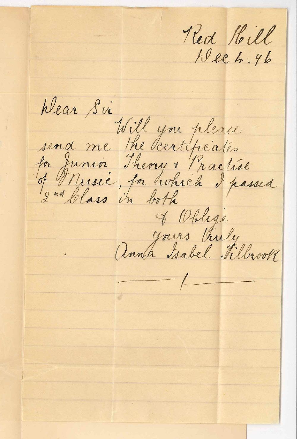 Miss Anna Isabel Tilbrook - Red Hill - Requests Music Certificates