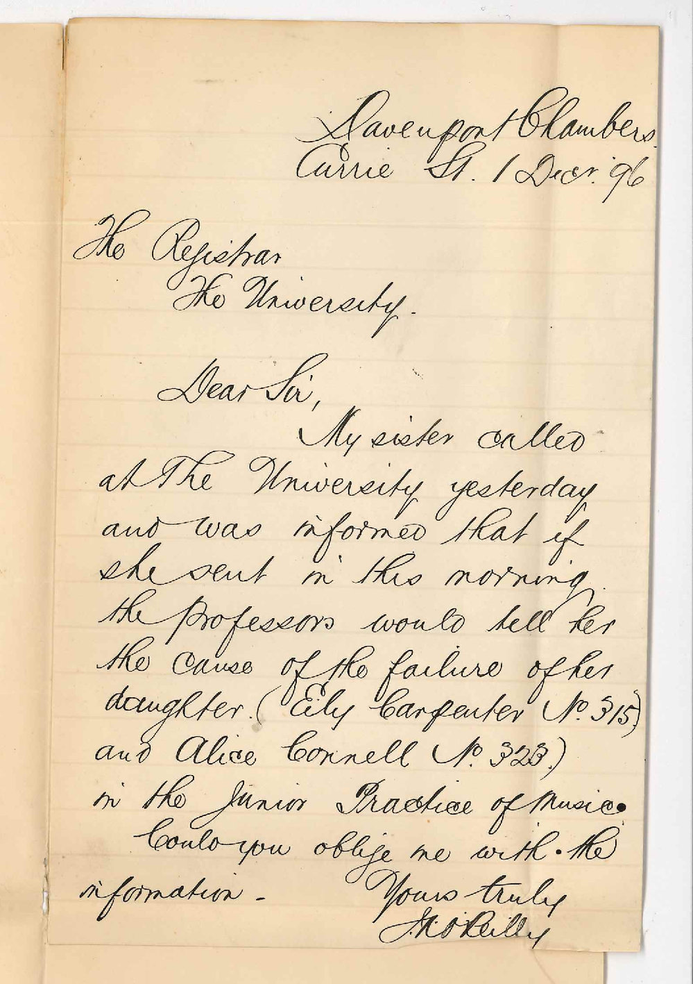 J O'Reilly - Regarding cause of failure of Eily Carpenter and Alice Connell