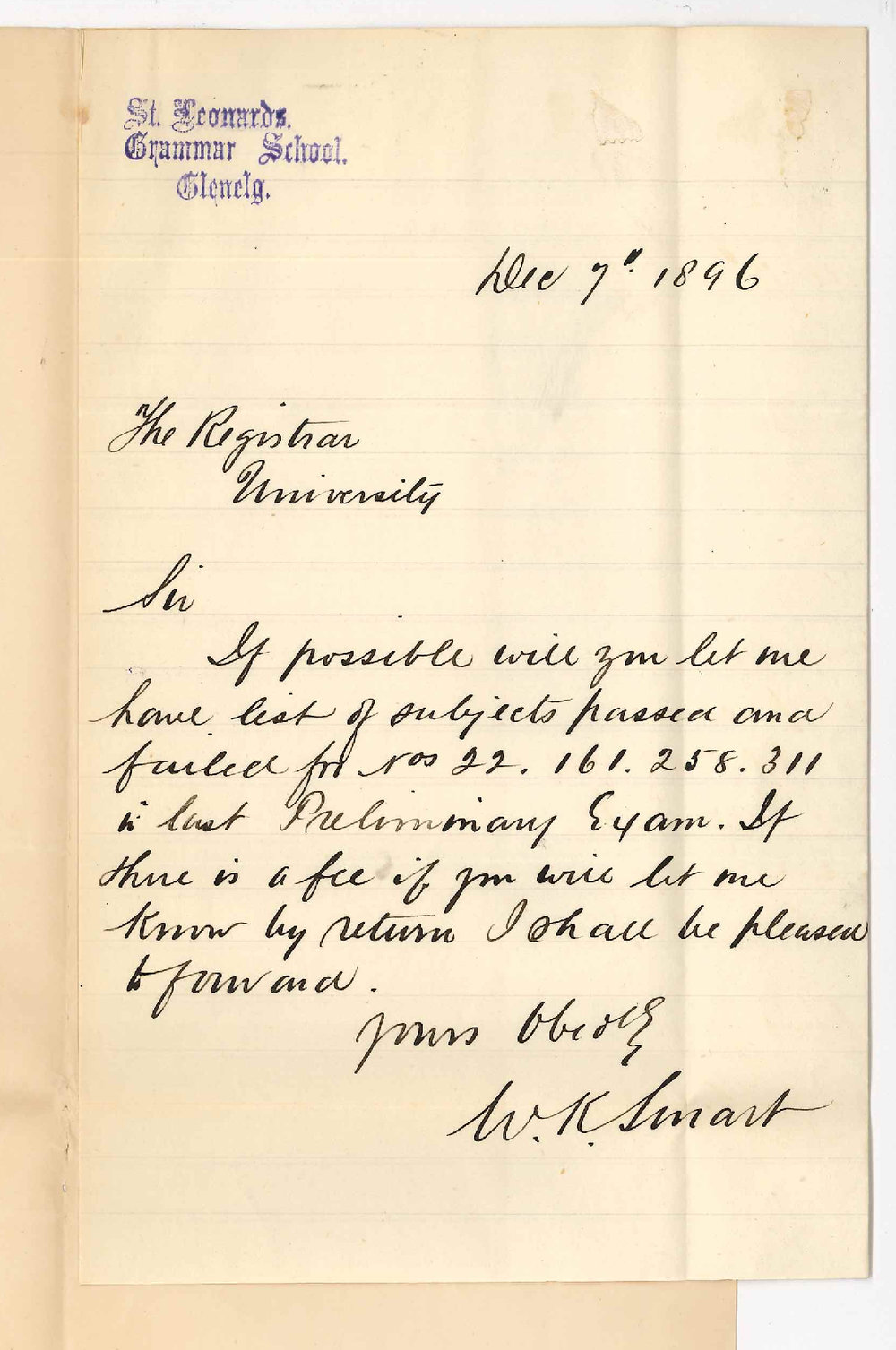 W K Smart - St Leonards Grammar School - Glenelg - Concerning Preliminary Examination